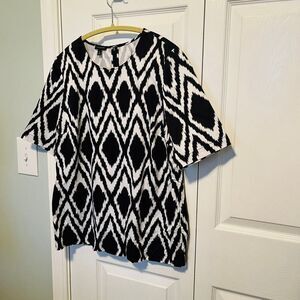 TALBOTS‎ Womens Size 10 Black White Cotton Blouse Top Short Sleeve Popover